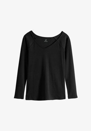 Musthuline musta T-särk V-kaeluse kujundusega, millel on sile tekstuur ja soonikmaterjal. Sisaldab mugavuse nimel raglan varrukasid.