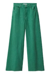 Pantaloni in denim verdi a gamba larga con vita alta, cinque tasche, chiusura a bottoni e dettagli con orlo sfilacciato. Il tessuto ha una finitura testurizzata.