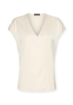 Kremfarvet kortærmet bluse med dyb V-hals og afslappet pasform, glat stof, vist på hvid baggrund.
