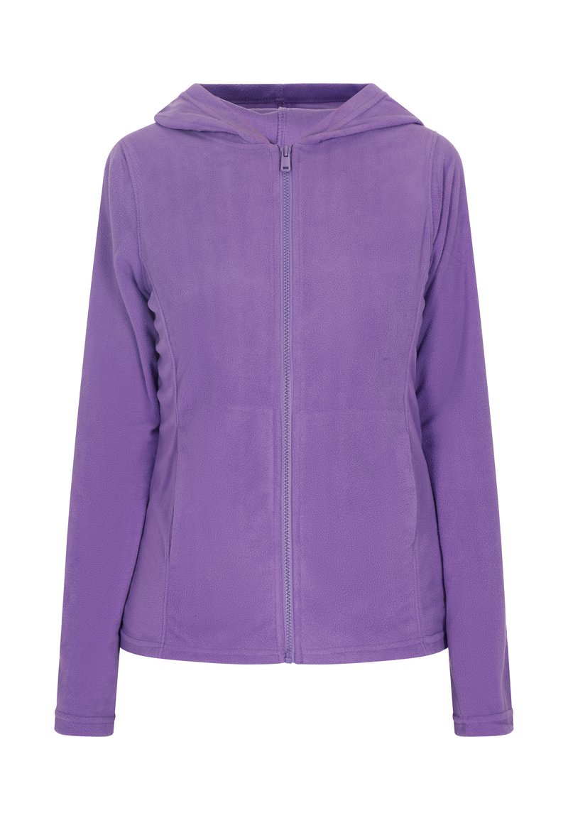 Lila fleece zip-up hoodie med en mjuk textur, framfickor och huva. Designen har en hel dragkedja längs mitten.