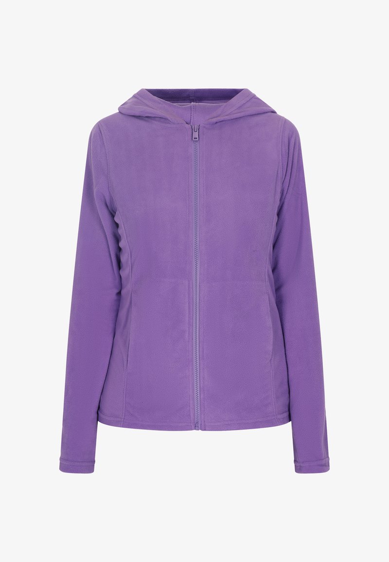 Lila Fleece-Zip-Hoodie mit weichem Material, vorderen Taschen und Kapuze. Das Design hat einen durchgehenden Reißverschluss in der Mitte.