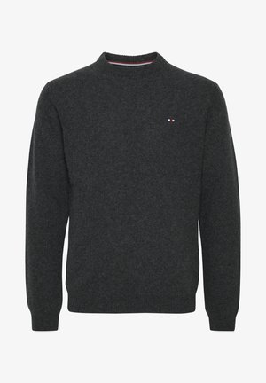 Dark gray knitted sweater with a round neck, long sleeves, and a small logo featuring red, white, and blue stripes on the chest.