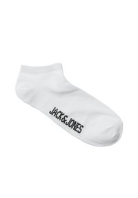 Baltos kulkšninės kojinės, pagamintos iš minkštos tekstilės, su juodu "JACK&JONES" logotipu, atspausdintu ant šono. Lygus paviršius, paprastas dizainas.