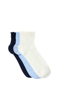 Set aus drei Socken in Marineblau, Hellblau und Weiß. Gerippte Textur mit gewelltem Saum. Leichtes, weiches Material, geeignet für den Freizeitlook.