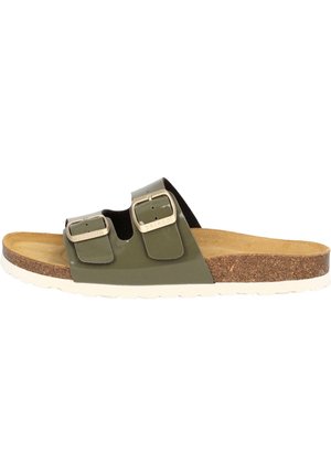 Sandaler med åben tå med to justerbare olivengrønne remme, korkfodbed og hvid gummisål.