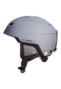 Quiksilver grijze skibril met een matte afwerking, verstelbare banden, gaasvoering, ventilatiegaten en een gele MIPS veiligheidssticker.