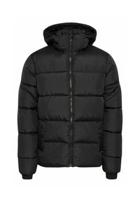 Black puffer jacket with a hood, featuring a zip closure, elastic cuffs, and quilted sections for insulation. Smooth, water-resistant fabric.