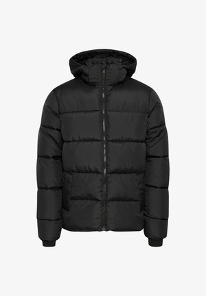 Svart puffjakke med hette, med glidelås, elastiske mansjetter og quiltede seksjoner for isolasjon. Glatt, vannavvisende stoff.