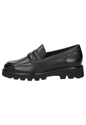 Black leather loafers with a padded strap, low profile, and thick lug sole for traction. Smooth texture and minimalist design details.