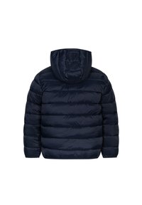 Giacca imbottita blu navy con cappuccio. Presenta una trapuntatura orizzontale, una texture liscia e polsini elastici. La parte posteriore è uniforme senza ulteriori dettagli.