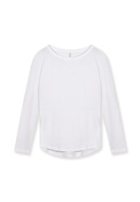 Maglietta bianca a maniche lunghe realizzata in tessuto leggero. Presenta un scollo rotondo e un orlo curvo, con una leggera texture su tutta la superficie.