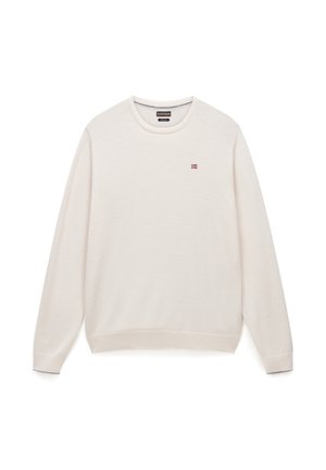 Lys cream sweatshirt, blødt strikstof, rund halsudskæring, lange ærmer, ribbede manchetter og kant, lille rød og blå logo på brystet.