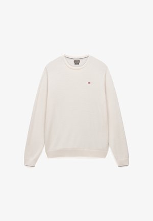 Lichtcrème sweatshirt, zachte brei stof, ronde halslijn, lange mouwen, geribbelde manchet en zoom, klein rood en blauw logo op de borst.