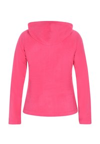 Felpa con cappuccio in un vivace colore rosa brillate, con cappuccio arrotondato e maniche lunghe. Il tessuto è morbido e liscio, senza motivi o accenti visibili.