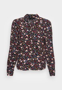 Blus med långa ärmar i lätt tyg, med ett flerfärgat blommönster på svart bakgrund, klassisk krage och knappraderade manschetter.