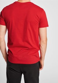 Rotes Baumwoll-T-Shirt mit kurzen Ärmeln. Besitzt einen Rundhalsausschnitt und eine glatte Textur. Die Rückansicht zeigt ein schlichtes, ungeschmücktes Design.