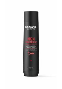 Goldwell Dualsenses Men Thickening Shampoo in a matte black bottle with red accents, labeled for fine and thinning hair, 300 mL size.