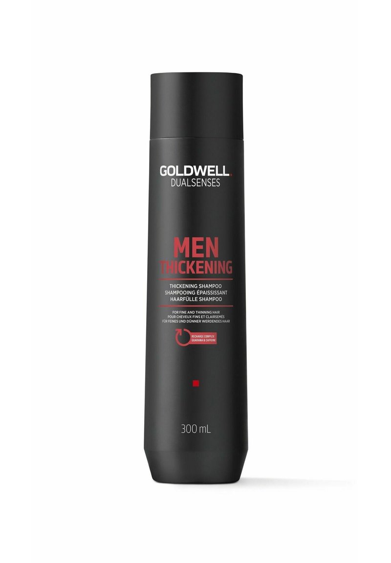 Goldwell Dualsenses Men Thickening Shampoo in a matte black bottle with red accents, labeled for fine and thinning hair, 300 mL size.