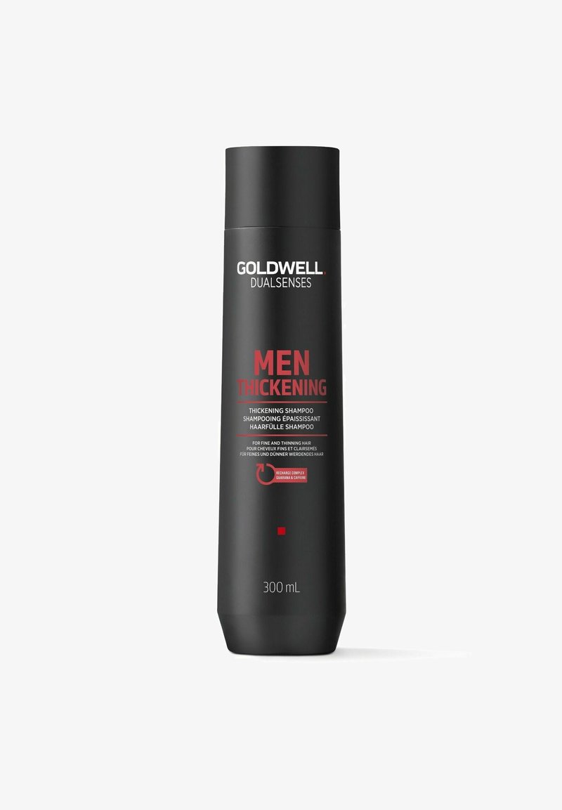 Goldwell Dualsenses Men Thickening Shampoo in a matte black bottle with red accents, labeled for fine and thinning hair, 300 mL size.
