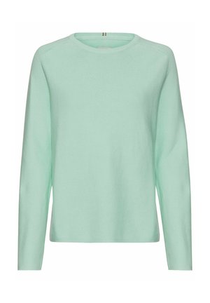 Light mint green knitted sweater, long sleeves, round neckline, ribbed texture, casual fit, no visible patterns or hardware details.