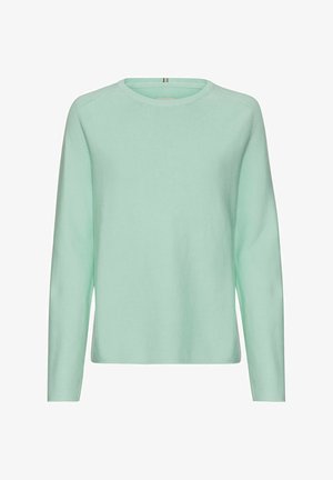 Light mint green knitted sweater, long sleeves, round neckline, ribbed texture, casual fit, no visible patterns or hardware details.