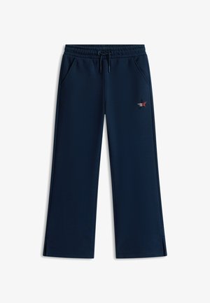 Tumesinised dressipüksid, millel on elastne vöökoht, nöör, küljetaskud, sirged sääred ja väike tähtemblem punases, valges ja mustas paremal reiel.