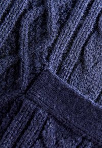 Maglione lavorato a maglia blu navy con motivo a treccia testurizzato, caratterizzato da polsini a coste e una texture morbida e pelosa.