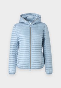 Lyseblå quiltet jakke med hætte, der har en frontlynlås, vandret syninger og elastiske manchetter. Glat tekstur, letvægtsdesign.