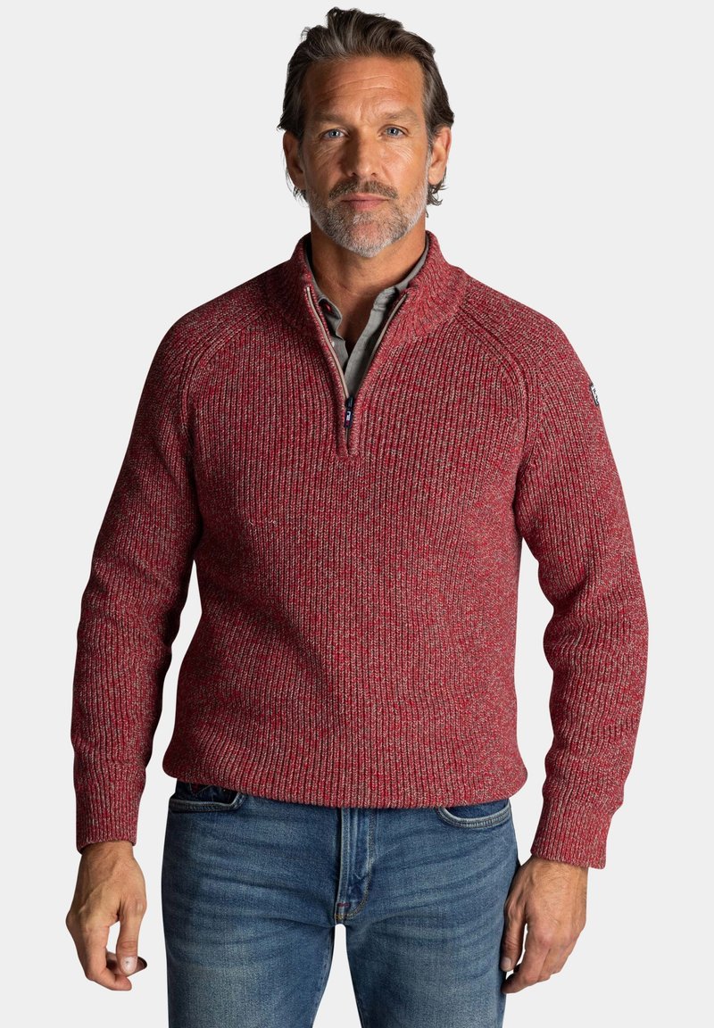 Rode gebreide trui met een kwart-rits kraag, textuurpatroon, geribde mouwen en een getailleerde pasvorm.