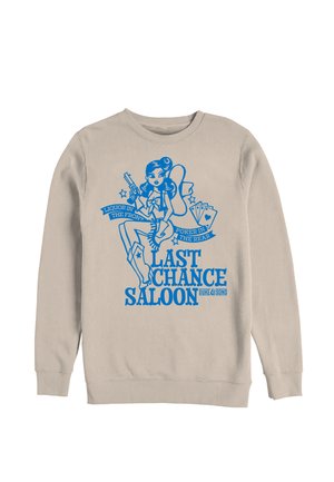 Beige Sweatshirt mit blauem Aufdruck einer Frau in Cowboy-Kleidung, die eine Pistole hält, Karten spielt und den Text "Last Chance Saloon" zeigt.