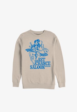 Felpa beige con stampa blu di una donna in abbigliamento da cowboy che tiene una pistola, carte da gioco e la scritta "Last Chance Saloon".