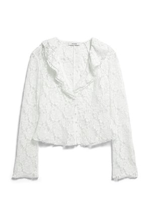 Weiße Langarm-Spitzenbluse mit Blumenmuster, Rüschenkragen, Vorderknöpfen und leicht ausgestelltem Saum.