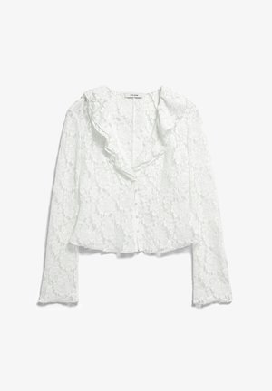 Weiße Langarm-Spitzenbluse mit Blumenmuster, Rüschenkragen, Vorderknöpfen und leicht ausgestelltem Saum.