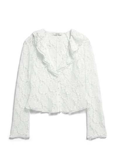 Λευκό μπλούζα από δαντέλα με μακριά μανίκια και λουλουδένιο μοτίβο, με γιακά με βολάν, κουμπιά στο εμπρός μέρος και ελαφρώς φαρδύ τελείωμα.