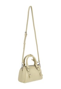 Bolso pequeño de cuero amarillo claro con dos asas superiores, una correa de hombro desmontable, herrajes plateados y cierre con cremallera.