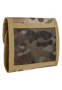 Multicolored camouflage wallet with a mesh panel, reinforced beige edging, and a compact rectangular shape designed for durability and accessibility.