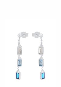 Pendientes de gota de plata con piedras rectangulares azules y transparentes, dispuestas en un diseño geométrico y conectadas por delicadas cadenas.