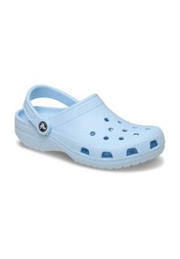 Light blue clogs with ventilation holes, rounded toe, raised back strap, textured outsole, and logo accent on the side.