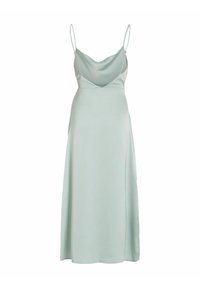 Mintgrön satinklänning med draperad hals, tunna justerbara axelremmar och en flödande A-linjeform. Slät yta med en subtil lyster.