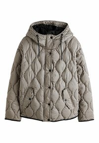 Gefütterte Steppjacke mit Kapuze, mit einem schwarz-beigen Karo-Muster, Druckknöpfen und elastischen Kordelzügen.