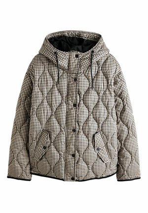 Quilted puffer jacket with a hood, featuring a black and beige checkered pattern, snap buttons, and elastic drawstrings.