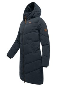 Long, dark navy puffer coat with a hood, featuring a front zipper, side pockets, and a quilted pattern. Brown logo accent on sleeve.