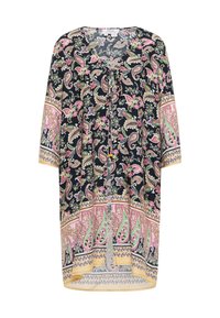 Fekete paisley mintás kimono, rózsaszín és zöld árnyalatokkal. Tiesződésű elülső záródás és háromnegyedes ujjú. Könnyű anyag.