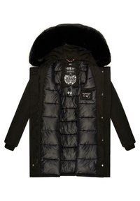 Parka d'hiver noire avec capuche bordée de fourrure, intérieur matelassé, poignets côtelés et étiquettes de marque à l'intérieur de la veste.