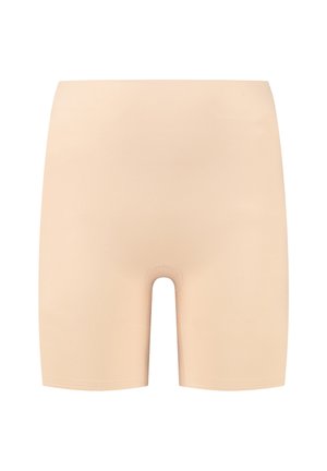 Shorts in tessuto elastico beige con una superficie liscia, di lunghezza media fino alla coscia, e un taglio rotondo al centro. Nessuna cucitura o motivo visibile.