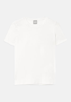 Tricou alb cu guler rotund, din bumbac, cu mâneci scurte, tiv drept și o etichetă subtilă gri pe guler.