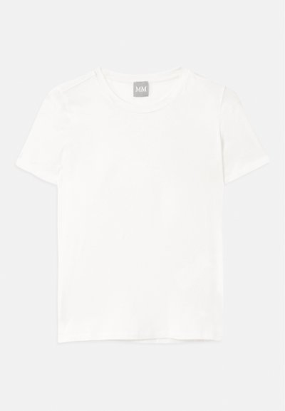 Weißes Rundhals-T-Shirt aus Baumwolle mit kurzen Ärmeln, geradem Saum und einem dezenten grauen Etikett am Kragen.