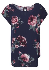 Blusa floreale blu navy con maniche corte, caratterizzata da motivi di rose rosa e bordeaux, scollatura tonda e dettaglio a chiave sulla schiena.