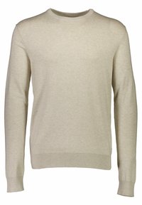 Pull beige en tissu tricoté avec col rond, manches longues et ourlet côtelé. Présente un détail de logo subtil à l'avant.