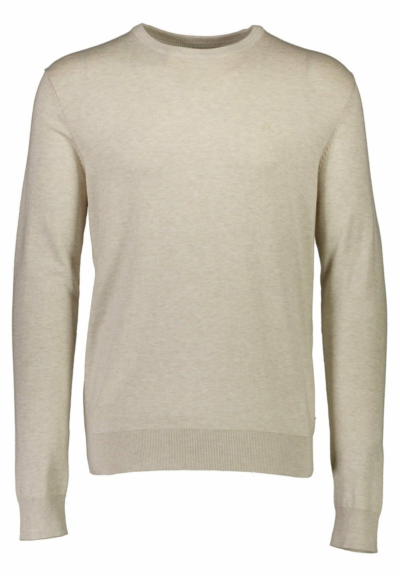 Pull beige en tissu tricoté avec col rond, manches longues et ourlet côtelé. Présente un détail de logo subtil à l'avant.